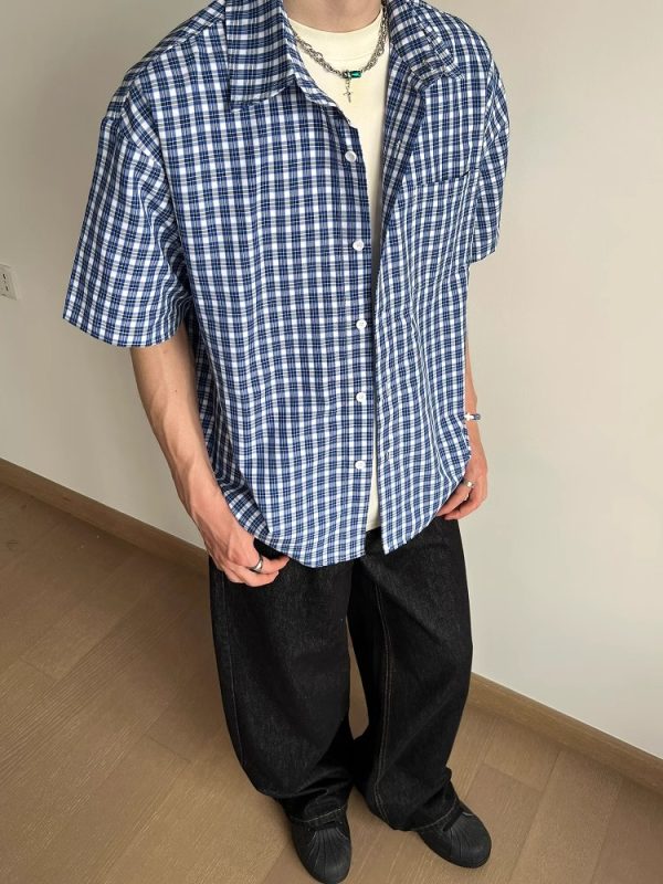 American Retro Blue Plaid Short Sleeve Shirt for Men and Women - Casual Loose Summer Fashion
