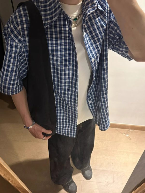 American Retro Blue Plaid Short Sleeve Shirt for Men and Women - Casual Loose Summer Fashion
