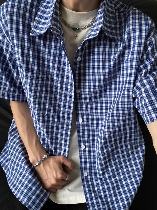 American Retro Blue Plaid Short Sleeve Shirt for Men and Women - Casual Loose Summer Fashion