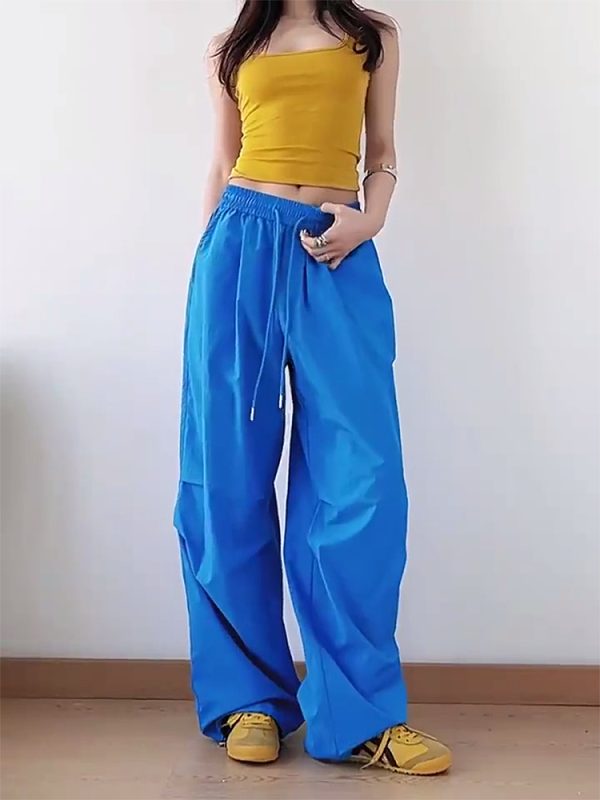 American Retro Blue Wide-Leg Cargo Pants for Women - Summer Loose Fit Casual Sports Floor-Length Trousers