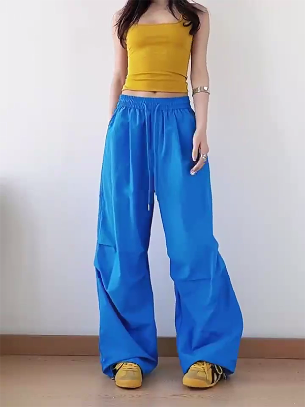 American Retro Blue Wide-Leg Cargo Pants for Women - Summer Loose Fit Casual Sports Floor-Length Trousers