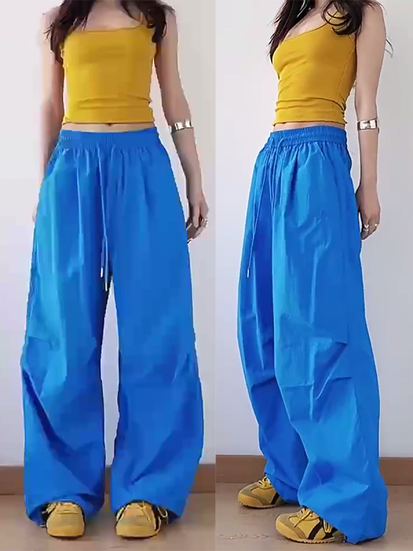 American Retro Blue Wide-Leg Cargo Pants for Women - Summer Loose Fit Casual Sports Floor-Length Trousers