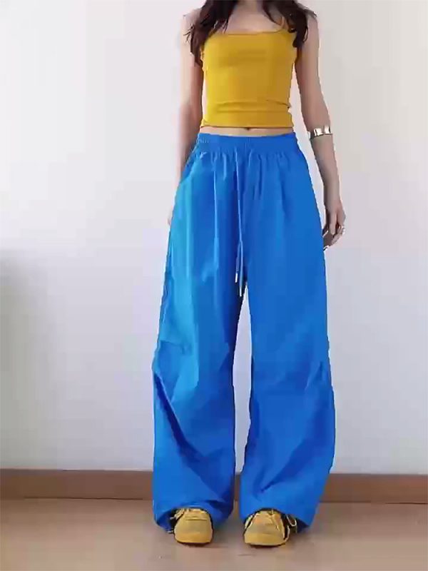 American Retro Blue Wide-Leg Cargo Pants for Women - Summer Loose Fit Casual Sports Floor-Length Trousers