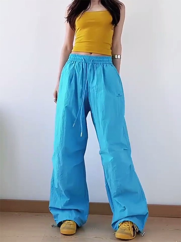 American Retro Blue Wide-Leg Cargo Pants for Women - Summer Loose Fit Casual Sports Floor-Length Trousers