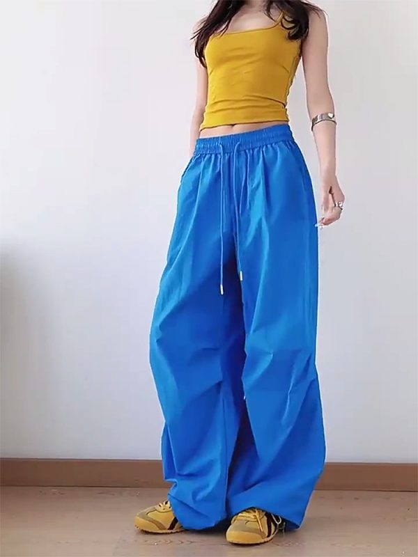 American Retro Blue Wide-Leg Cargo Pants for Women - Summer Loose Fit Casual Sports Floor-Length Trousers