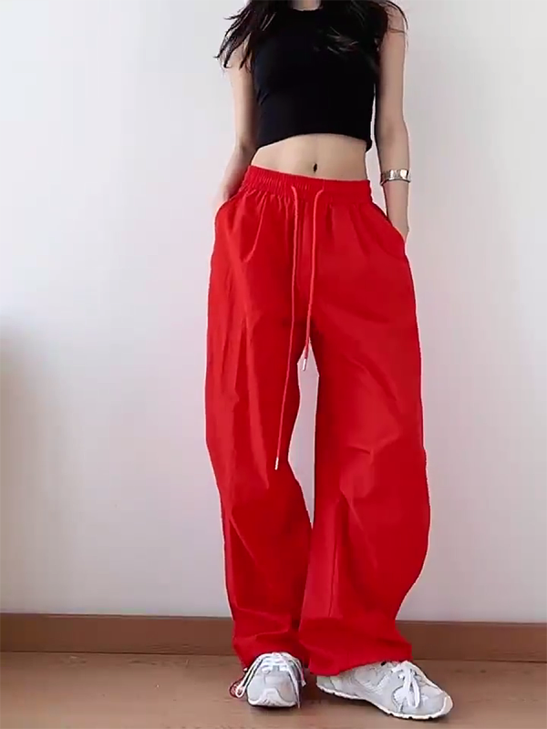 American Retro Blue Wide-Leg Cargo Pants for Women - Summer Loose Fit Casual Sports Floor-Length Trousers