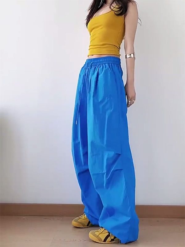 American Retro Blue Wide-Leg Cargo Pants for Women - Summer Loose Fit Casual Sports Floor-Length Trousers