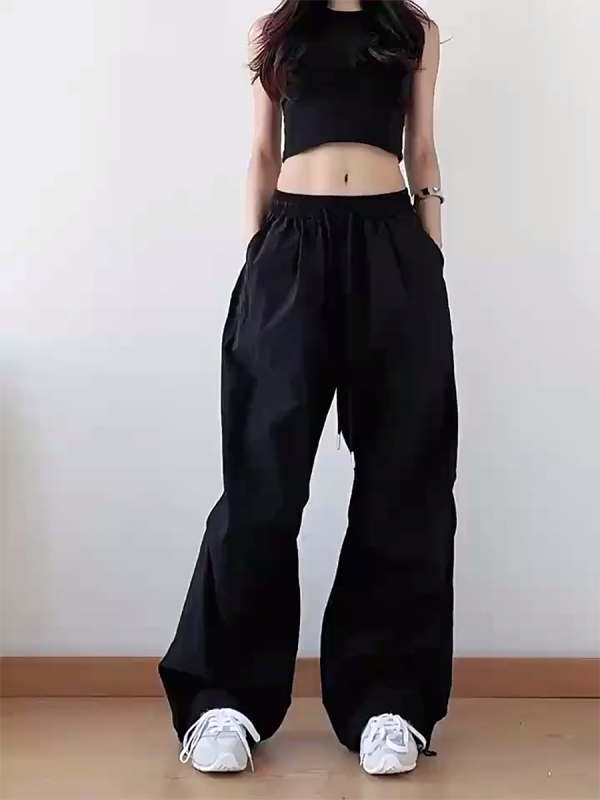 American Retro Blue Wide-Leg Cargo Pants for Women - Summer Loose Fit Casual Sports Floor-Length Trousers