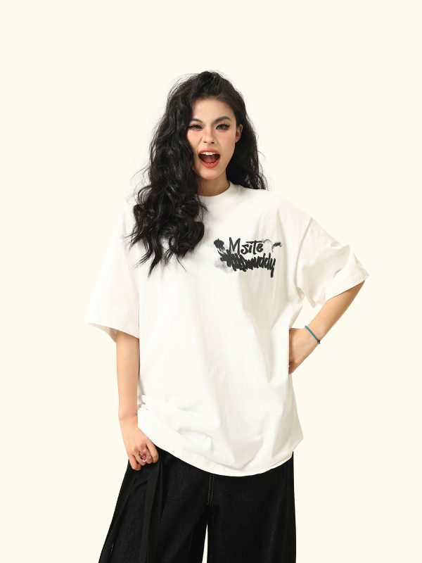American Retro Blurry Letter Short Sleeve T-Shirt for Men and Women - Heavyweight Pure Cotton Summer Couple Tee