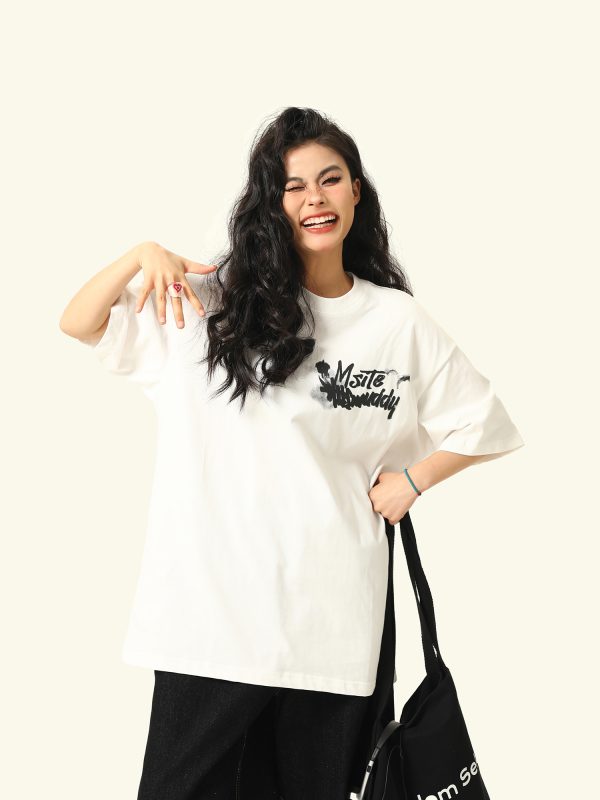 American Retro Blurry Letter Short Sleeve T-Shirt for Men and Women - Heavyweight Pure Cotton Summer Couple Tee