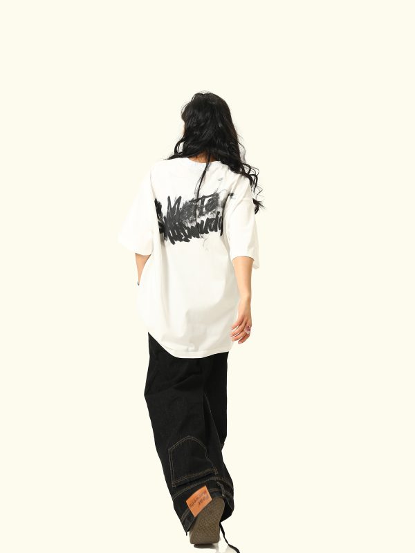 American Retro Blurry Letter Short Sleeve T-Shirt for Men and Women - Heavyweight Pure Cotton Summer Couple Tee