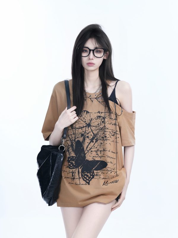 American Retro Butterfly Graffiti Off-Shoulder Short-Sleeve T-Shirt for Women â€“ Trendy Y2K Niche Style for Hot Girls