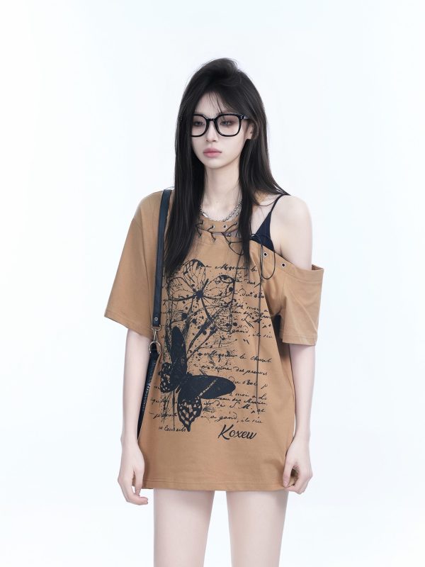 American Retro Butterfly Graffiti Off-Shoulder Short-Sleeve T-Shirt for Women â€“ Trendy Y2K Niche Style for Hot Girls