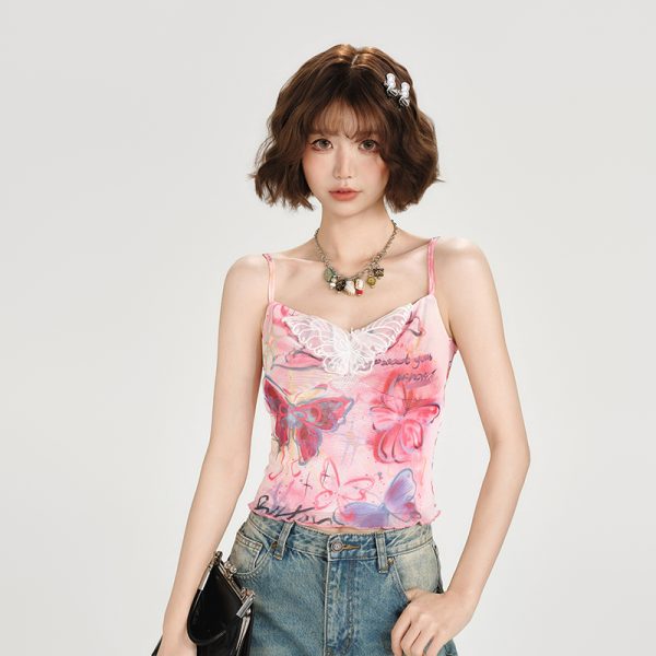 American Retro Butterfly Mesh Camisole - Spicy Girl Slim Fit Summer Top for Women, Y2K Style, Trendy and Chic