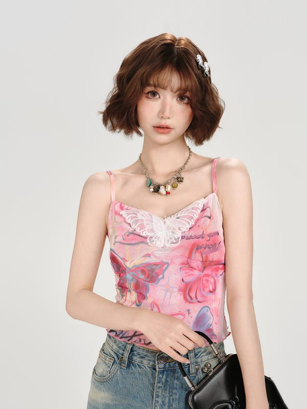 American Retro Butterfly Mesh Camisole - Spicy Girl Slim Fit Summer Top for Women, Y2K Style, Trendy and Chic