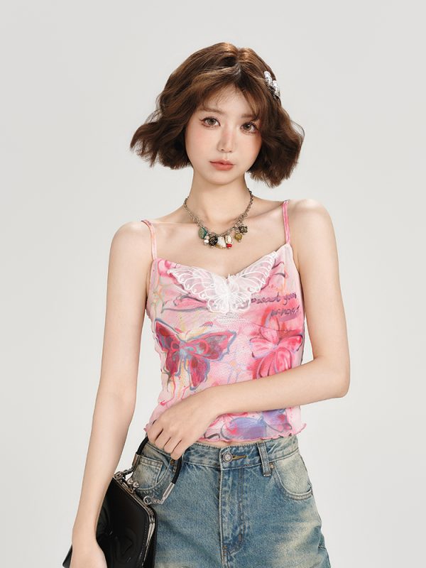 American Retro Butterfly Mesh Camisole - Spicy Girl Slim Fit Summer Top for Women, Y2K Style, Trendy and Chic