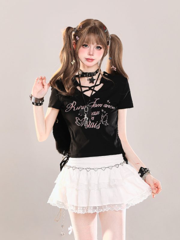 American Retro Butterfly Print Short Sleeve T-Shirt for Girls, Summer Ruffled Drawstring Slim Fit Cropped Top, Y2K Style