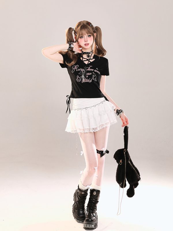 American Retro Butterfly Print Short Sleeve T-Shirt for Girls, Summer Ruffled Drawstring Slim Fit Cropped Top, Y2K Style