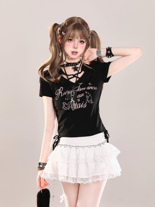 American Retro Butterfly Print Short Sleeve T-Shirt for Girls, Summer Ruffled Drawstring Slim Fit Cropped Top, Y2K Style