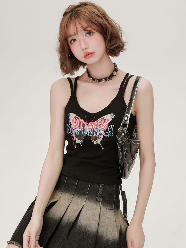 American Retro Butterfly Strap Camisole for Women - Fitted Summer Tank Top with Chest Pads, Spicy Girl Style