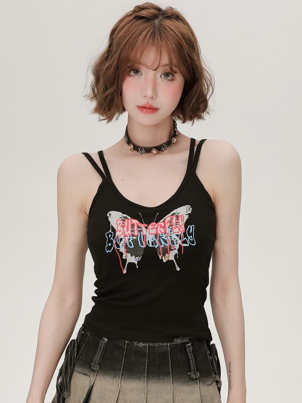 American Retro Butterfly Strap Camisole for Women - Fitted Summer Tank Top with Chest Pads, Spicy Girl Style