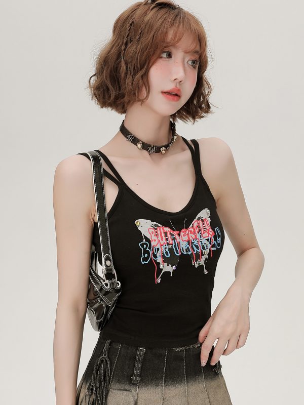 American Retro Butterfly Strap Camisole for Women - Fitted Summer Tank Top with Chest Pads, Spicy Girl Style