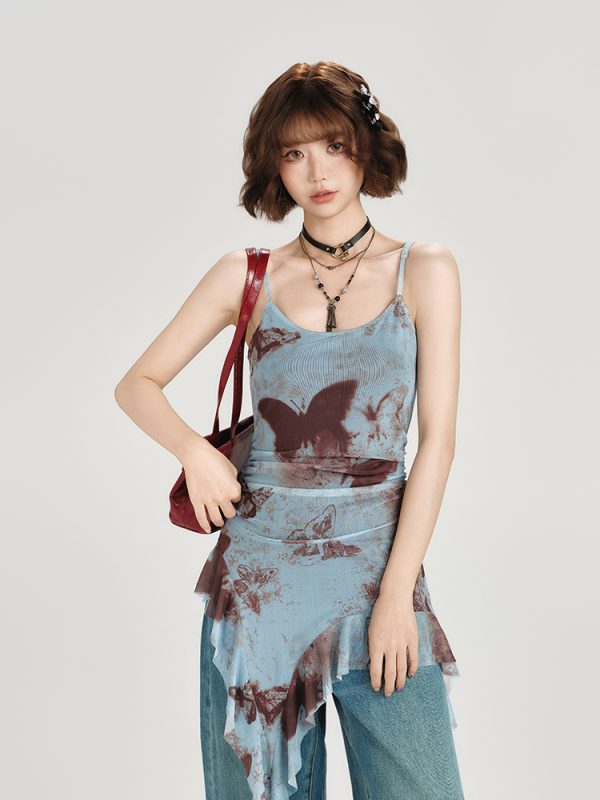 American Retro Butterfly Strap Dress for Women - Summer Mesh Floating Ribbon Design, Slim Fit, Girly Style