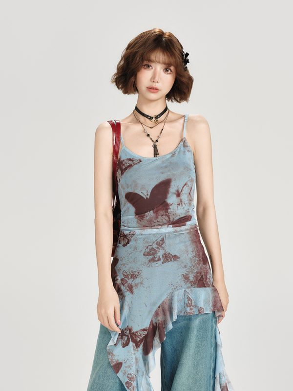 American Retro Butterfly Strap Dress for Women - Summer Mesh Floating Ribbon Design, Slim Fit, Girly Style
