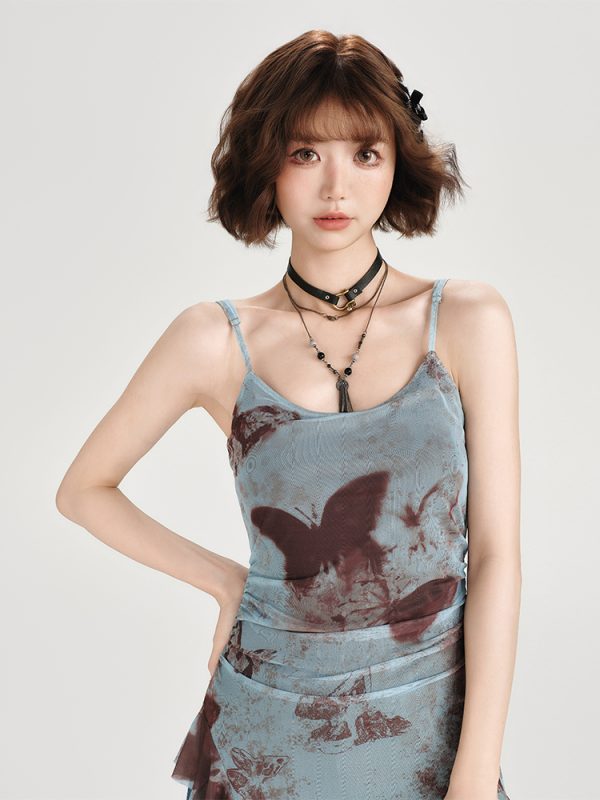 American Retro Butterfly Strap Dress for Women - Summer Mesh Floating Ribbon Design, Slim Fit, Girly Style