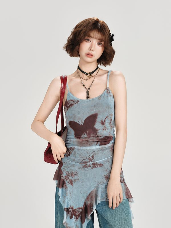 American Retro Butterfly Strap Dress for Women - Summer Mesh Floating Ribbon Design, Slim Fit, Girly Style