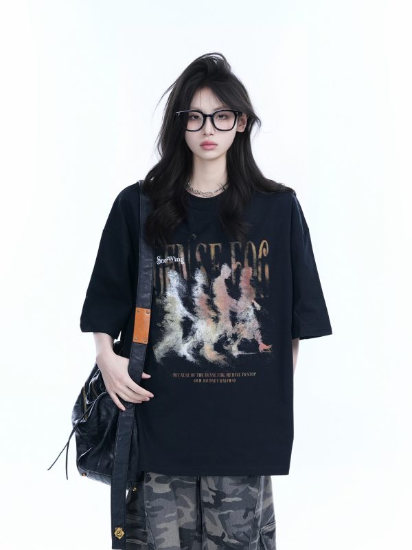 American Retro Character Black Short-Sleeve T-Shirt for Women - Summer Heavy Loose Round Neck Trendy Tee