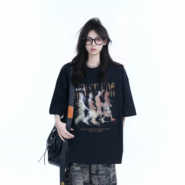 American Retro Character Black Short-Sleeve T-Shirt for Women - Summer Heavy Loose Round Neck Trendy Tee