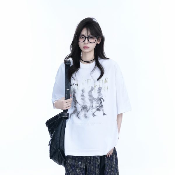American Retro Character Black Short-Sleeve T-Shirt for Women - Summer Heavy Loose Round Neck Trendy Tee