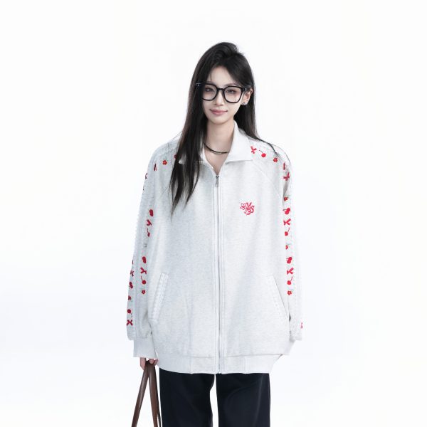 American Retro Cherry Bow Embroidered Cardigan Sweatshirt for Women - Plush Loose Zip-Up Jacket, Y2K Inspired Fashion