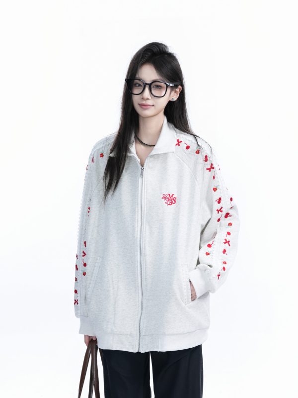 American Retro Cherry Bow Embroidered Cardigan Sweatshirt for Women - Plush Loose Zip-Up Jacket, Y2K Inspired Fashion