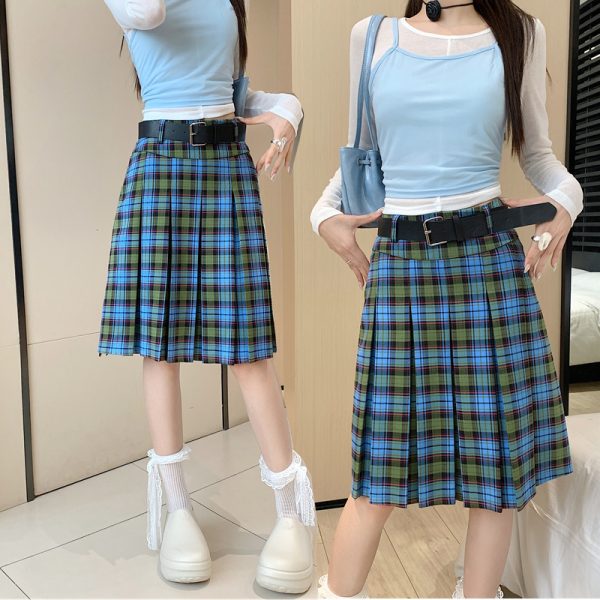 American Retro College Style Scottish Plaid Pleated Skirt - Women's Mid-Length A-Line Checkered Summer Skirt