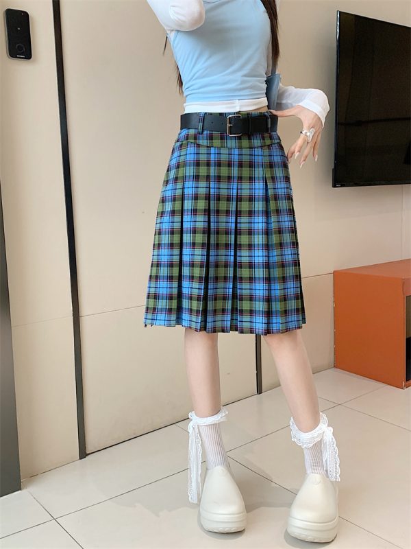 American Retro College Style Scottish Plaid Pleated Skirt - Women's Mid-Length A-Line Checkered Summer Skirt