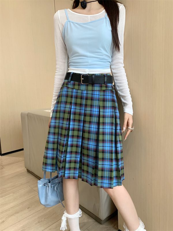 American Retro College Style Scottish Plaid Pleated Skirt - Women's Mid-Length A-Line Checkered Summer Skirt