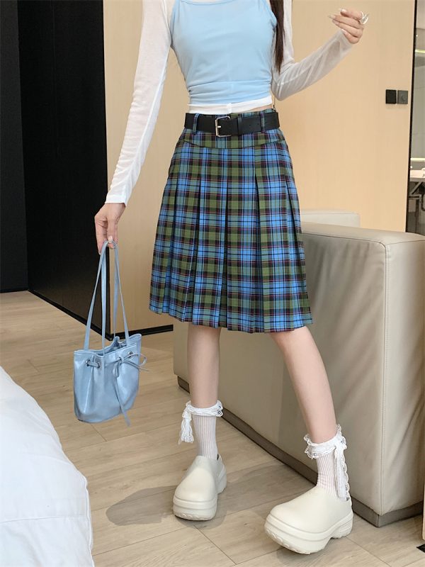 American Retro College Style Scottish Plaid Pleated Skirt - Women's Mid-Length A-Line Checkered Summer Skirt