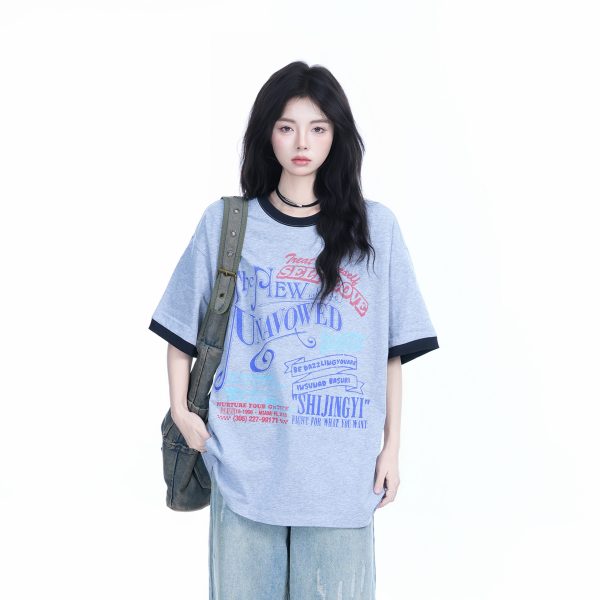 American Retro Color-Block Round Neck Short Sleeve T-Shirt for Women - Loose Fit Summer Style, Casual Couple Top