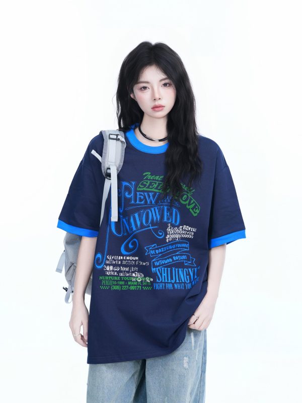 American Retro Color-Block Round Neck Short Sleeve T-Shirt for Women - Loose Fit Summer Style, Casual Couple Top