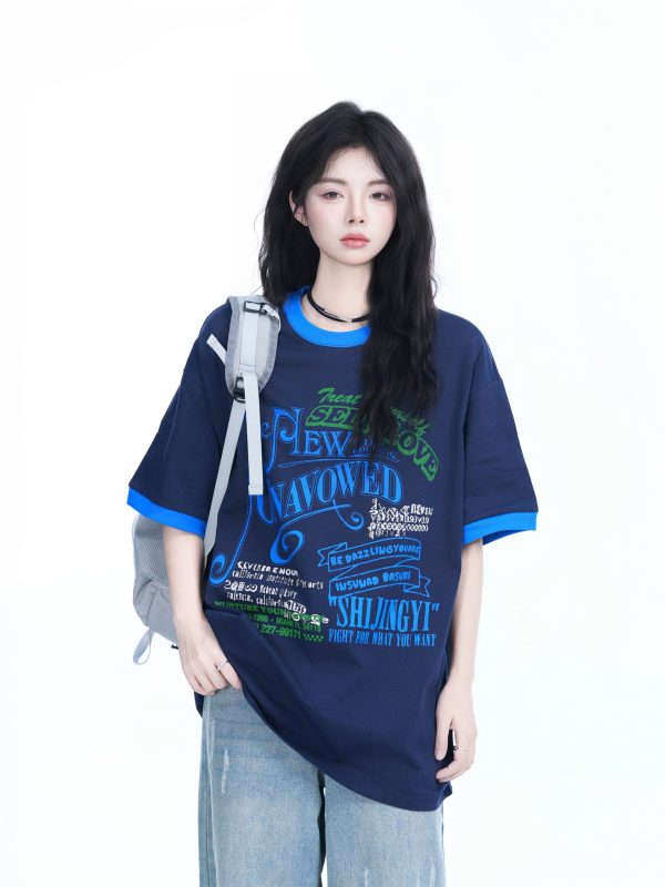 American Retro Color-Block Round Neck Short Sleeve T-Shirt for Women - Loose Fit Summer Style, Casual Couple Top