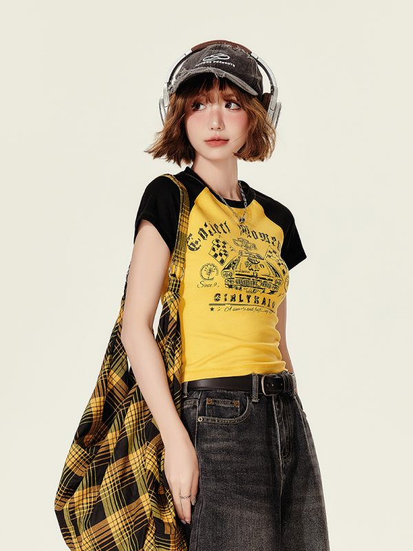 American Retro Color-Blocked Short-Sleeve T-Shirt for Women, Summer Spicy Girl Cropped Fitted Top, 90s Y2K Style