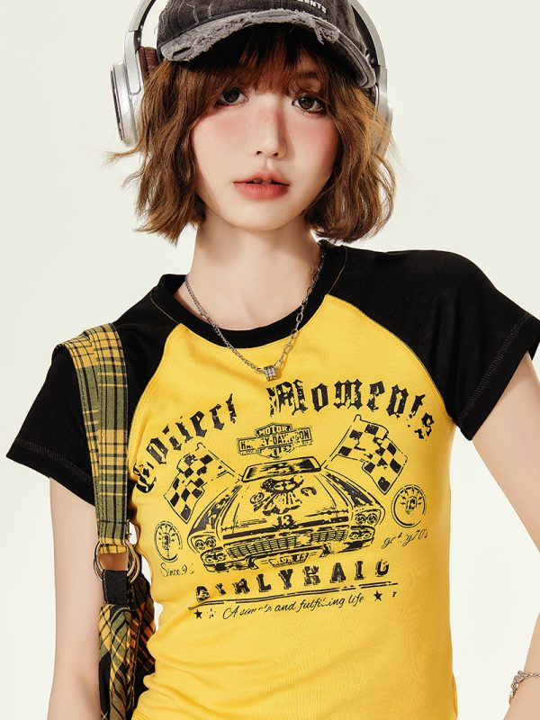 American Retro Color-Blocked Short-Sleeve T-Shirt for Women, Summer Spicy Girl Cropped Fitted Top, 90s Y2K Style