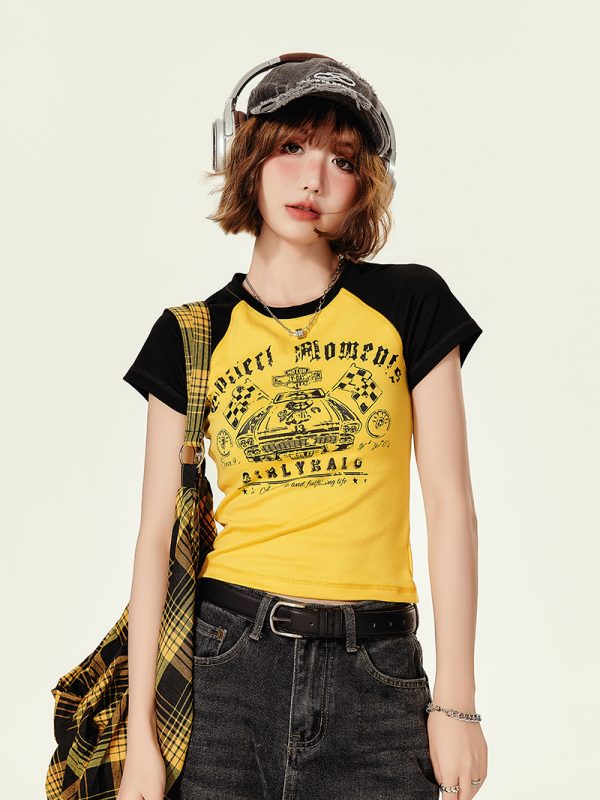 American Retro Color-Blocked Short-Sleeve T-Shirt for Women, Summer Spicy Girl Cropped Fitted Top, 90s Y2K Style