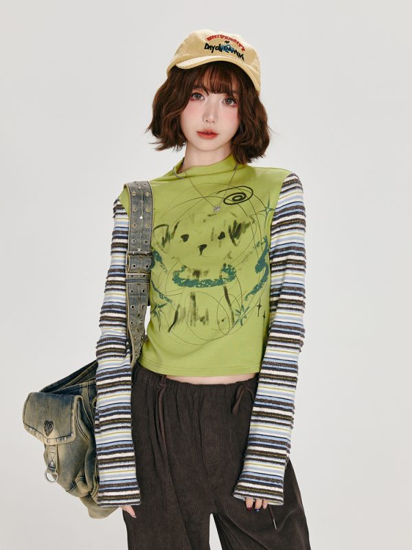 American Retro Color-Blocked Striped Long Sleeve T-Shirt for Women - Fitted High-Neck Autumn Style Top
