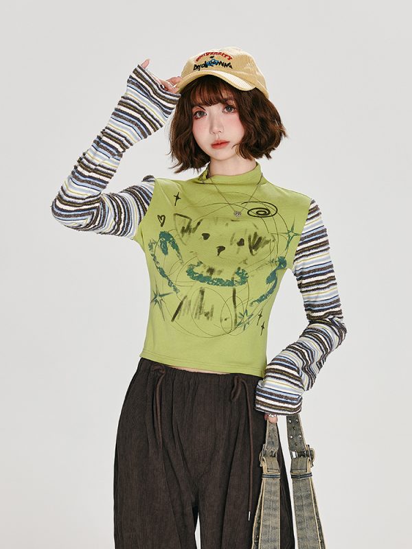 American Retro Color-Blocked Striped Long Sleeve T-Shirt for Women - Fitted High-Neck Autumn Style Top