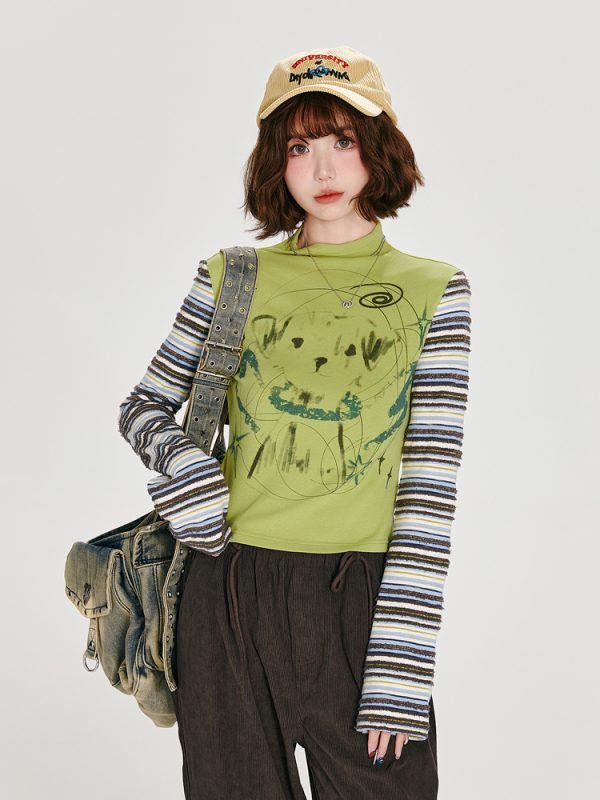 American Retro Color-Blocked Striped Long Sleeve T-Shirt for Women - Fitted High-Neck Autumn Style Top