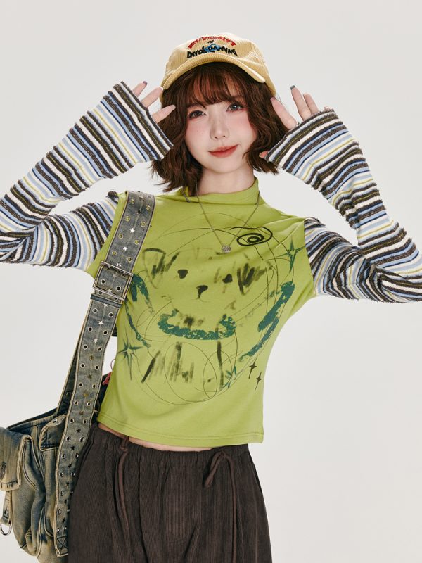 American Retro Color-Blocked Striped Long Sleeve T-Shirt for Women - Fitted High-Neck Autumn Style Top