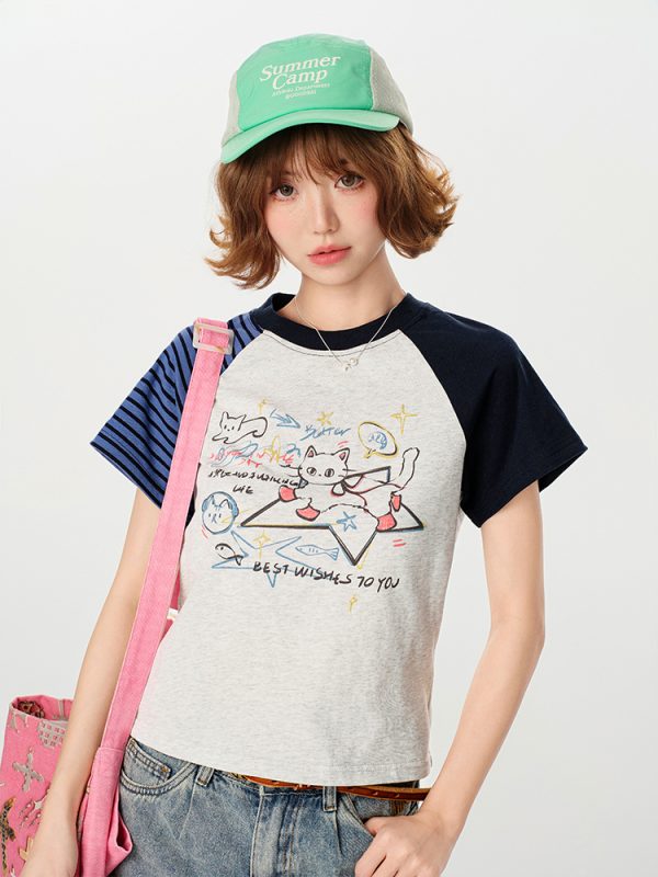 American Retro Color-Blocking Printed Raglan Short Sleeve T-Shirt for Women - Slim Fit Casual Summer Top